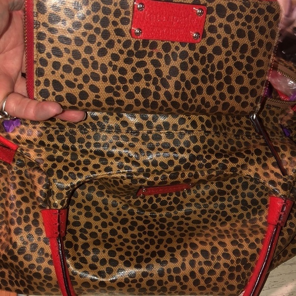 Kate Spade large black and tan leopard print handbag red leather with wallet - Picture 8 of 16